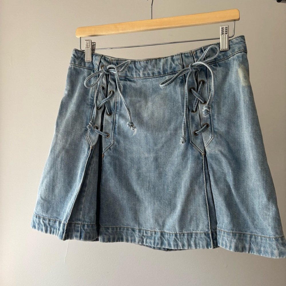 Free People Light Blue Lace-Up Denim Mini Skirt